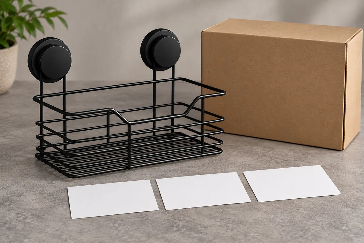 Importer organizes a black suction-mounted wire basket beside a plain carton and blank SKU transition checklist