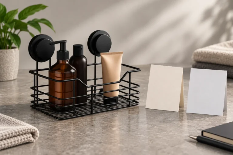 Black suction-mounted wire bathroom basket with a plain product transition brief
