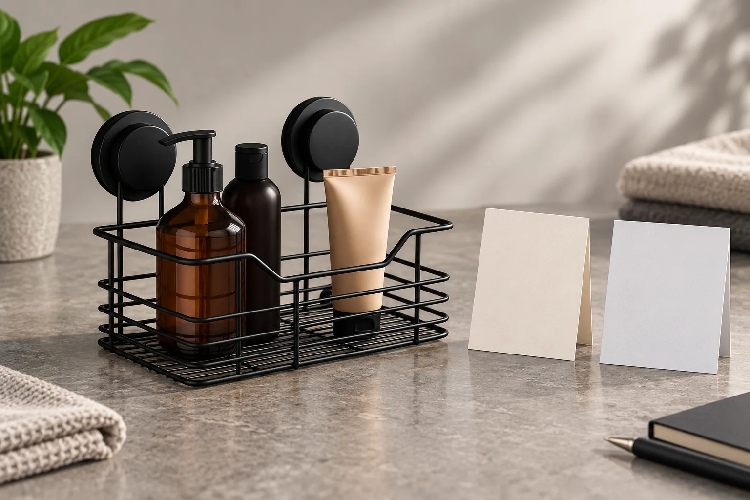 Black suction-mounted wire bathroom basket with a plain product transition brief