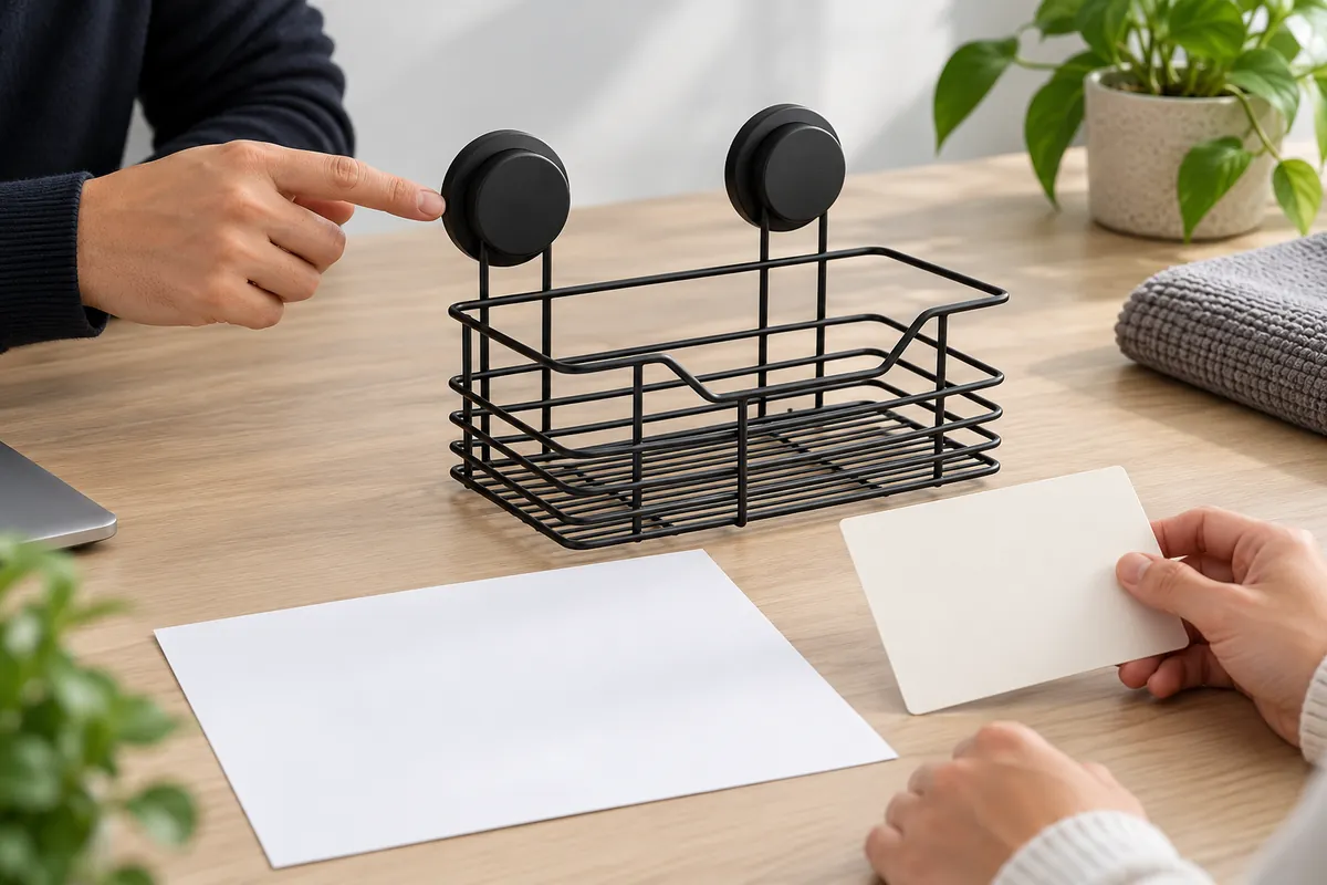 Buyer compares a black suction-mounted wire bathroom basket sample with a blank outgoing-to-replacement review sheet