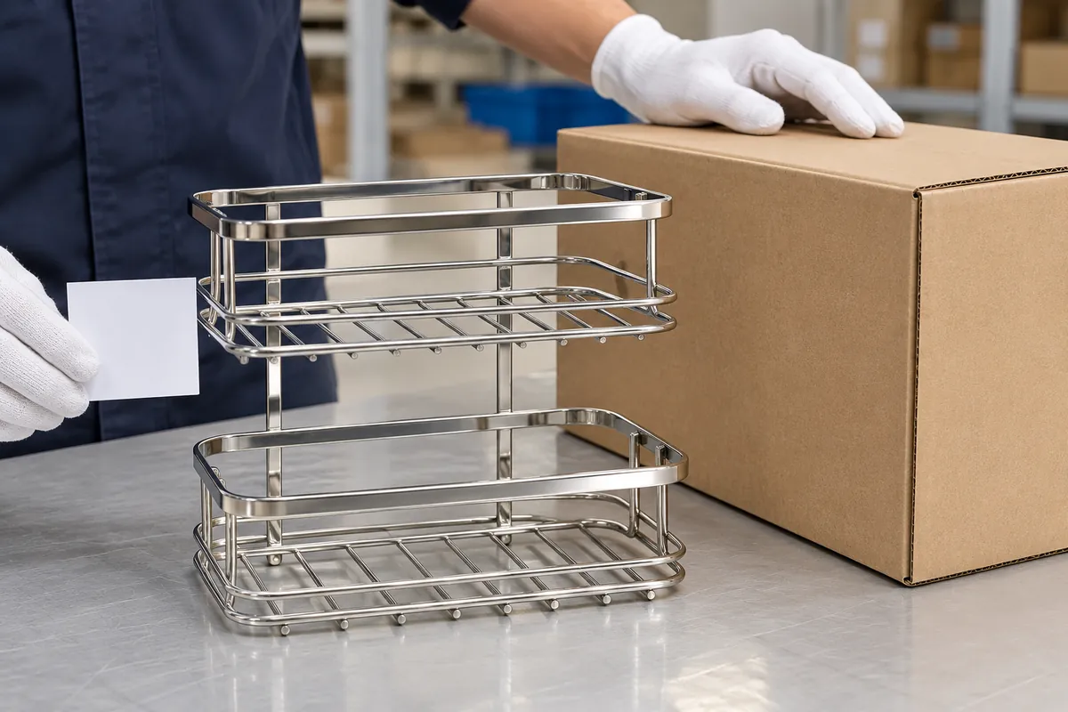 Importer reviews a metal wire storage basket carton and shipment packing record at an inspection table