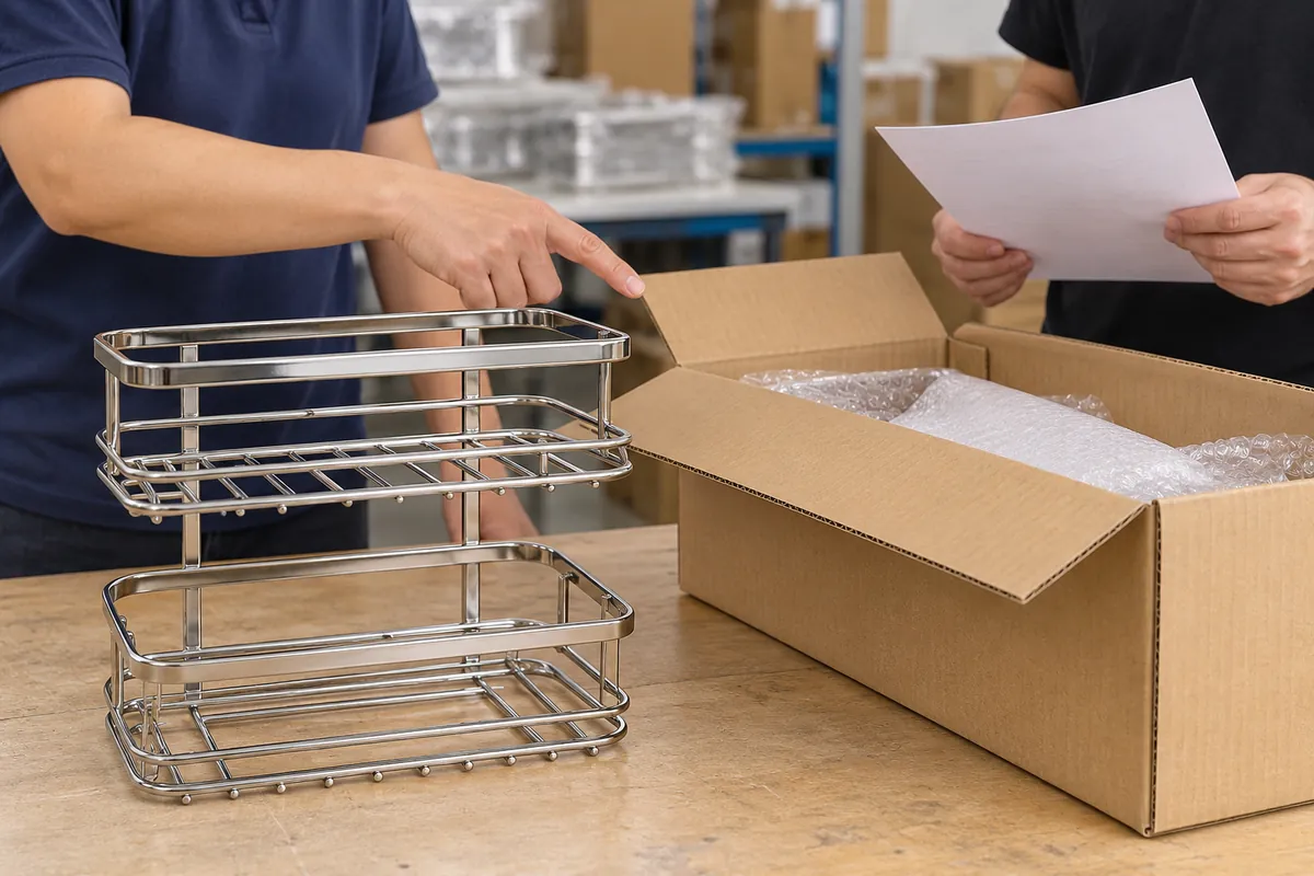 Metal storage baskets packed in cartons while importer and factory records are matched to a retailer shipment notice