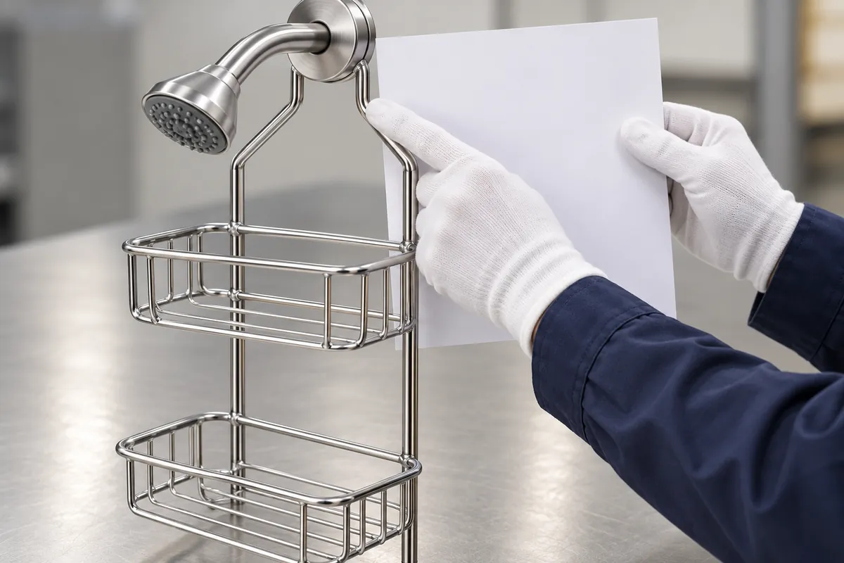 Reviewer compares a chrome wire shower caddy, its mounting detail and the approved product record without assuming a lot code exists