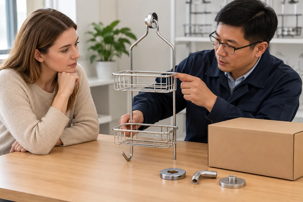 Buyer and factory reviewer examine a chrome wire shower caddy, plain carton and mounting parts while organizing a supplier claim