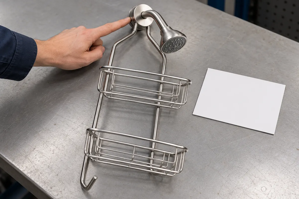 Buyer compares a chrome wire shower caddy and its approved product specification before defining the supplier warranty scope