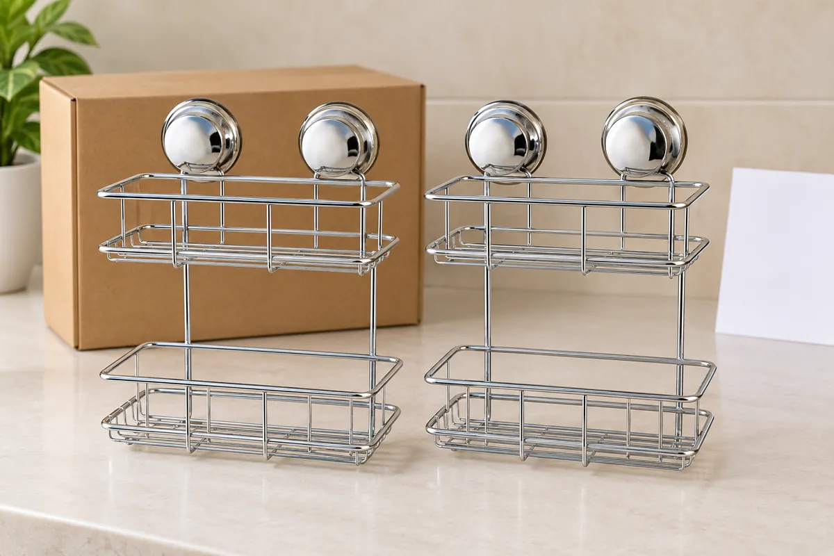 Buyer and factory reviewer compare two matching dual-suction chrome bathroom baskets beside a plain carton