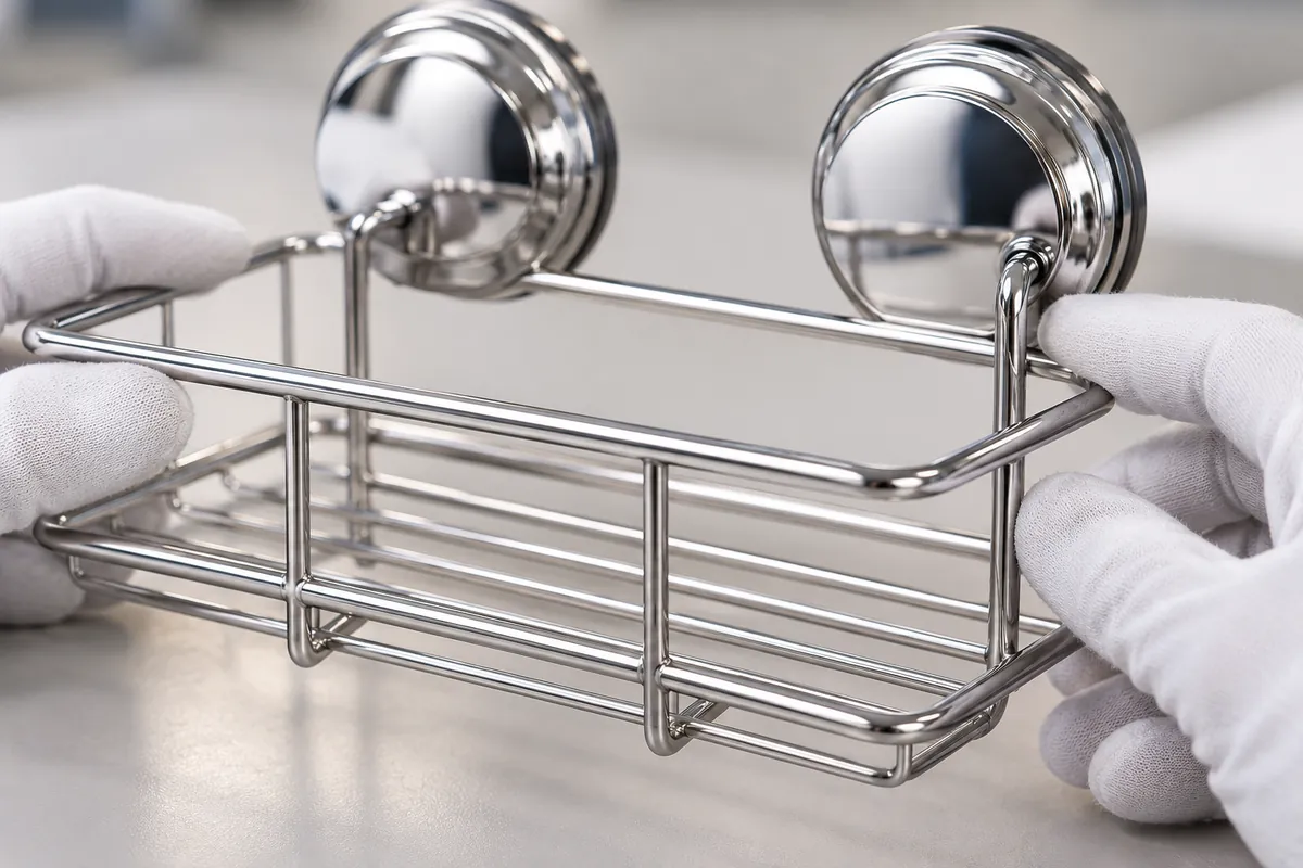 Gloved reviewer checks the rim and wire attachment of a chrome bathroom basket with two suction mounts