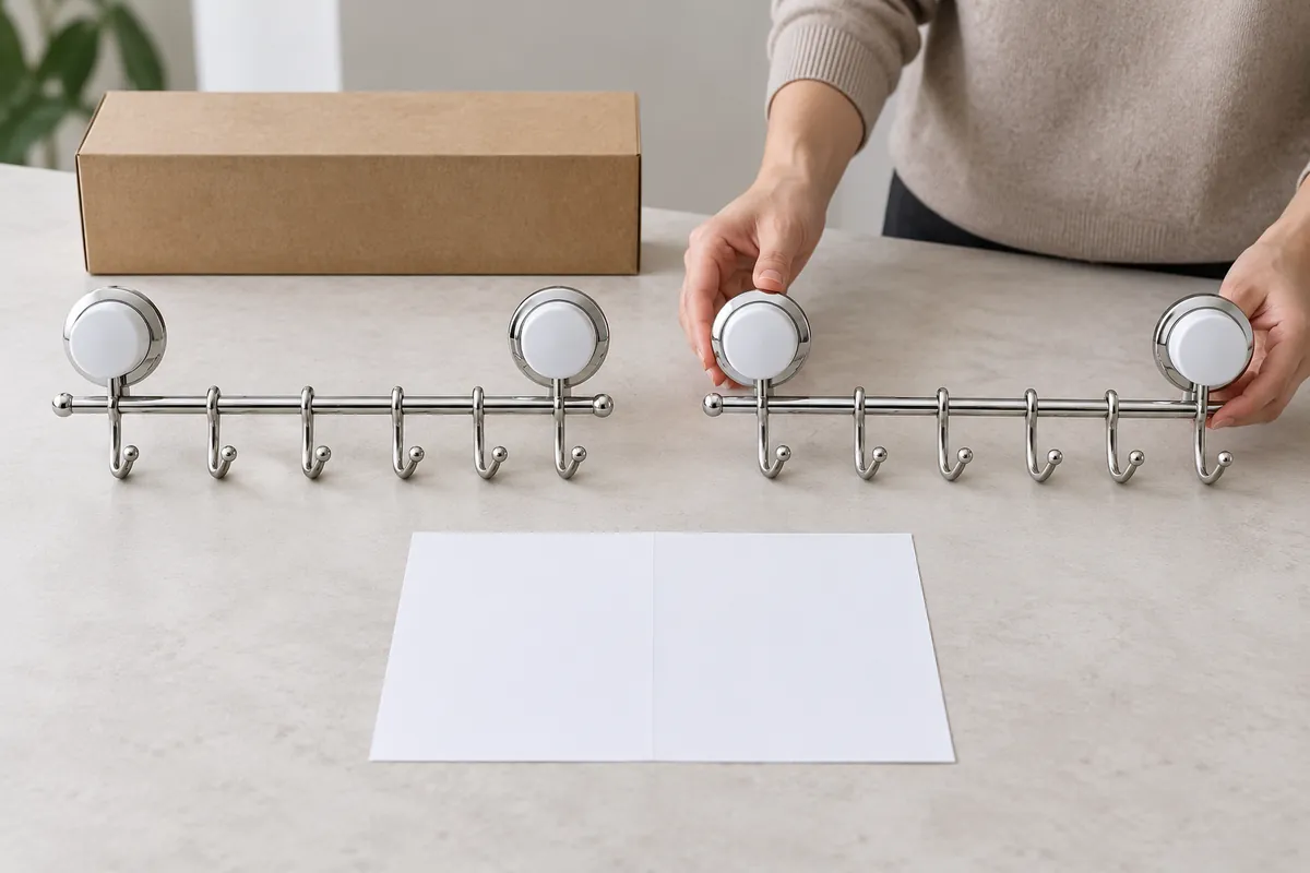 Buyer compares two matching chrome suction towel bar samples beside a blank two-column RFQ sheet