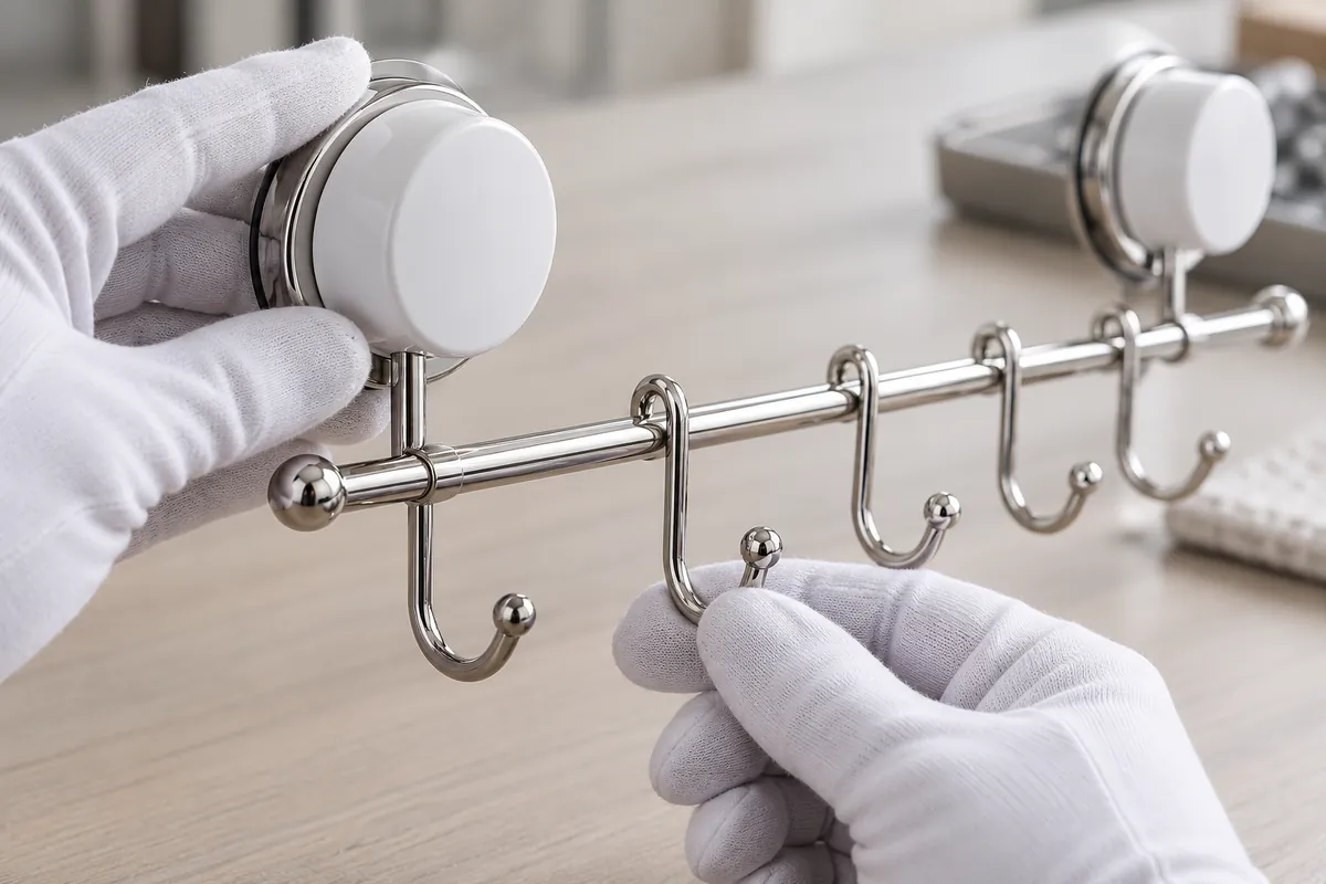 Reviewer checks the two suction mounts and hook spacing on a chrome towel bar against an approved product reference