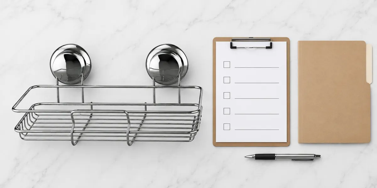 Hardware buyer checklist beside a two-suction chrome wire basket sample