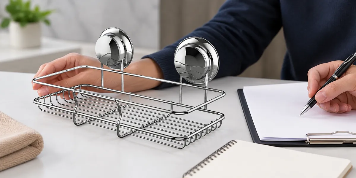 Hardware importer compares a two-suction chrome wire basket sample with a blank supplier audit report