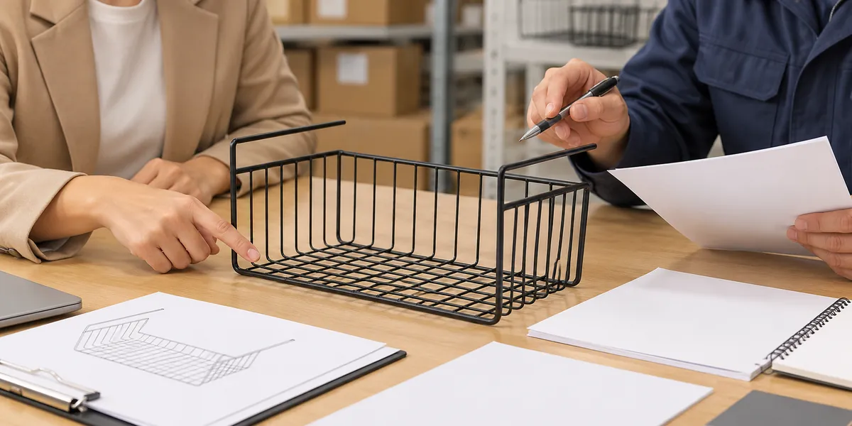 Buyer and factory reviewer compare a black under-shelf wire basket sample with blank product data sheets