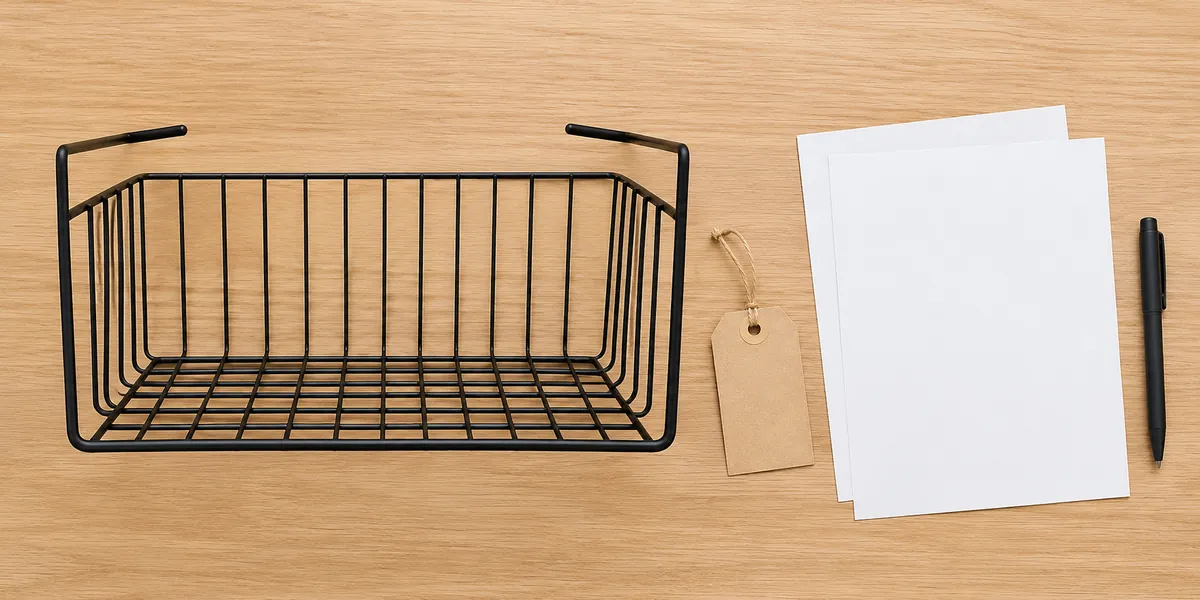 Black under-shelf wire basket sample beside blank product records for SKU matching