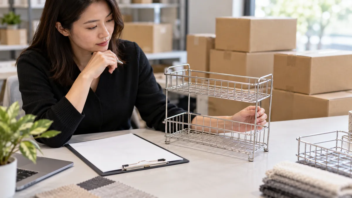 Import buyer reviews a continuity matrix, a metal storage rack sample and neutral inventory notes