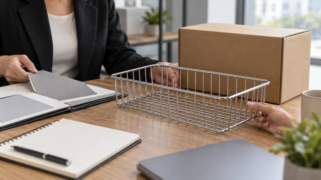 Importer reviews a metal storage basket sample and continuity planning notes at a sourcing table