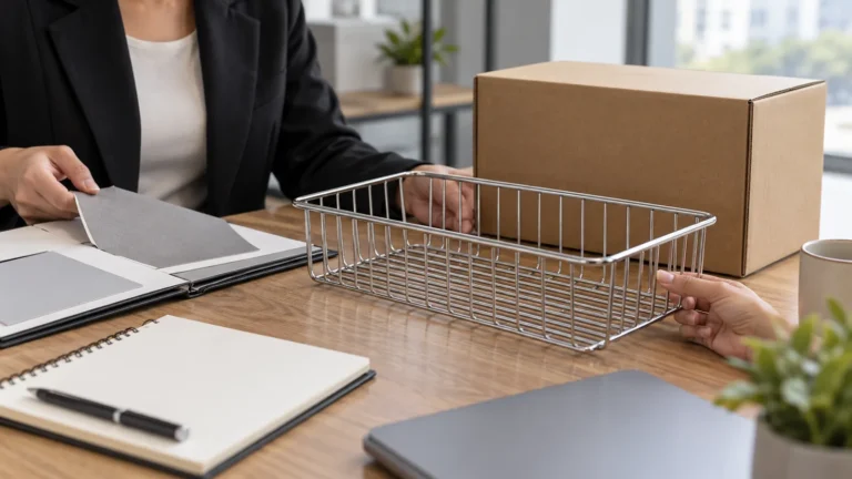 Importer reviews a metal storage basket sample and continuity planning notes at a sourcing table