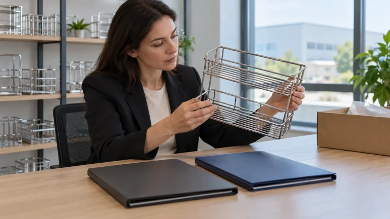 Importer reviews a metal bathroom hardware sample and controlled design-file folders before an RFQ