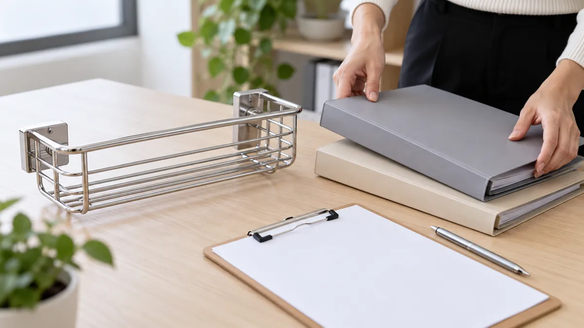Importer organizes a metal towel rack sample and blank revision folders for controlled file release