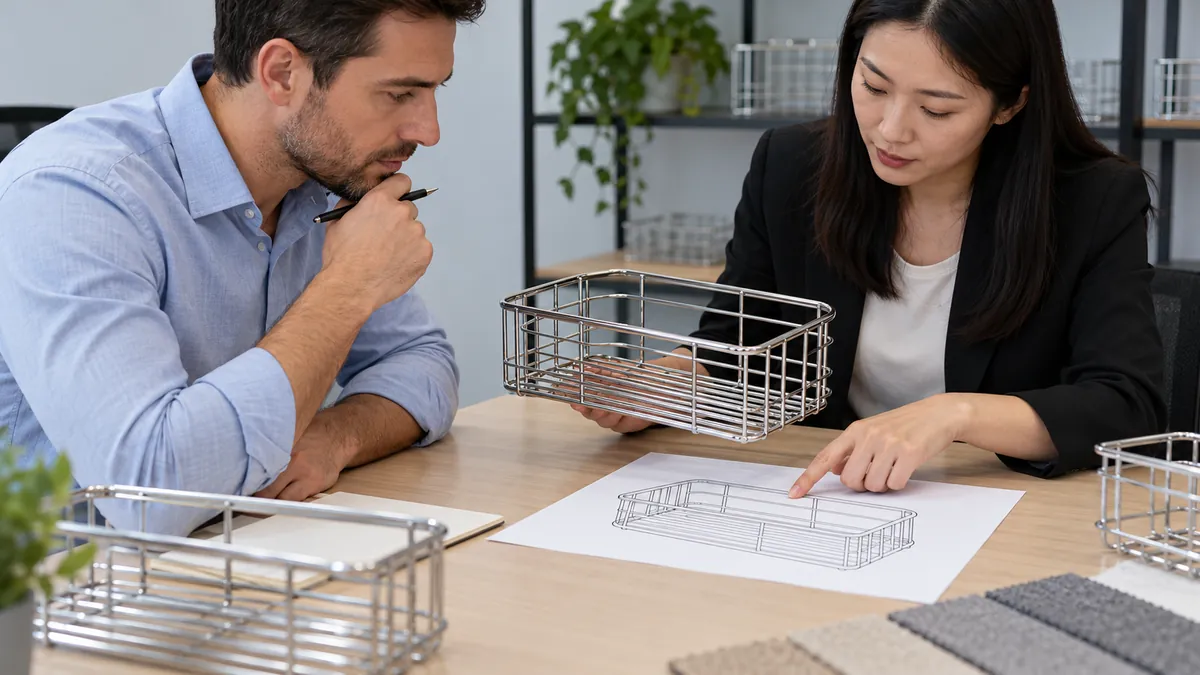 Buyer and supplier review a metal bathroom rack sample against a staged, unmarked RFQ drawing