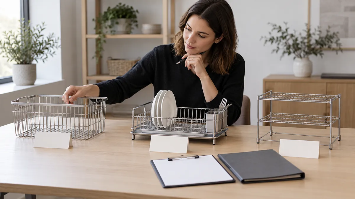 Buyer sorts separate basket, dish drainer and shelf samples by SKU with blank review cards