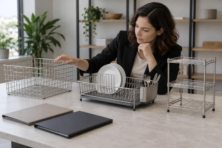Buyer compares a small assortment of metal bathroom and home-storage products before supplier allocation