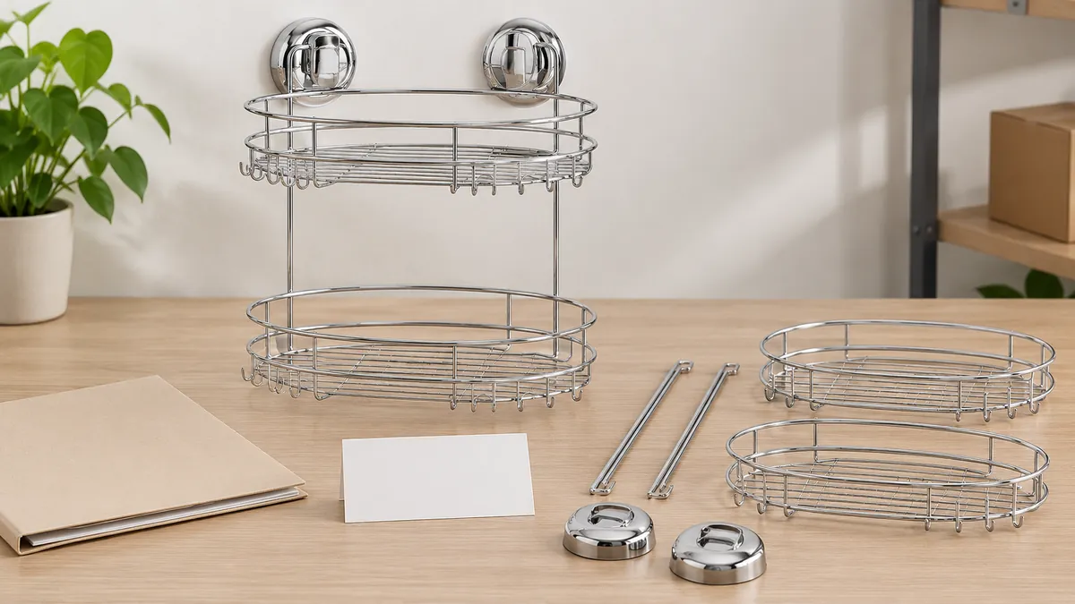 Metal organizer samples arranged by SKU with component and revision cards for an importer review
