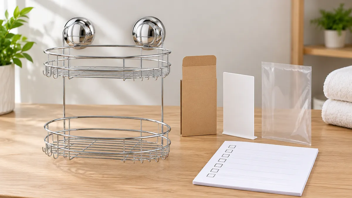 Metal organizer and package components arranged with material swatches, supplier folders and blank evidence checklist