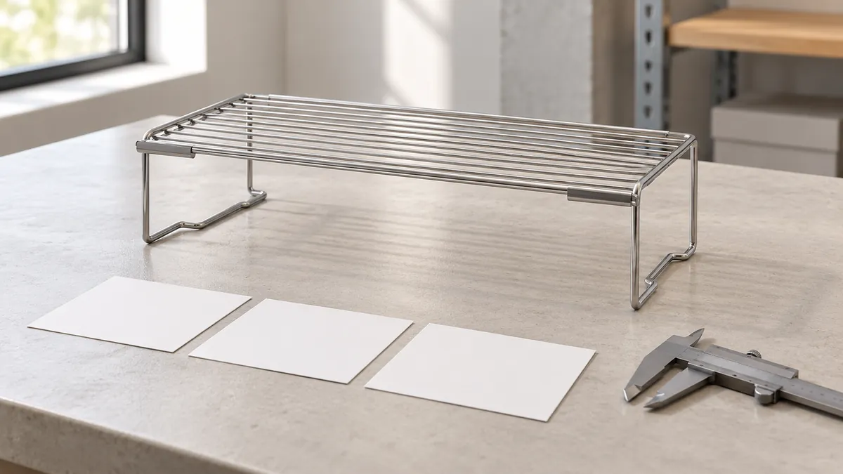 Metal wire storage rack beside blank SKU, material, and revision records for importer review