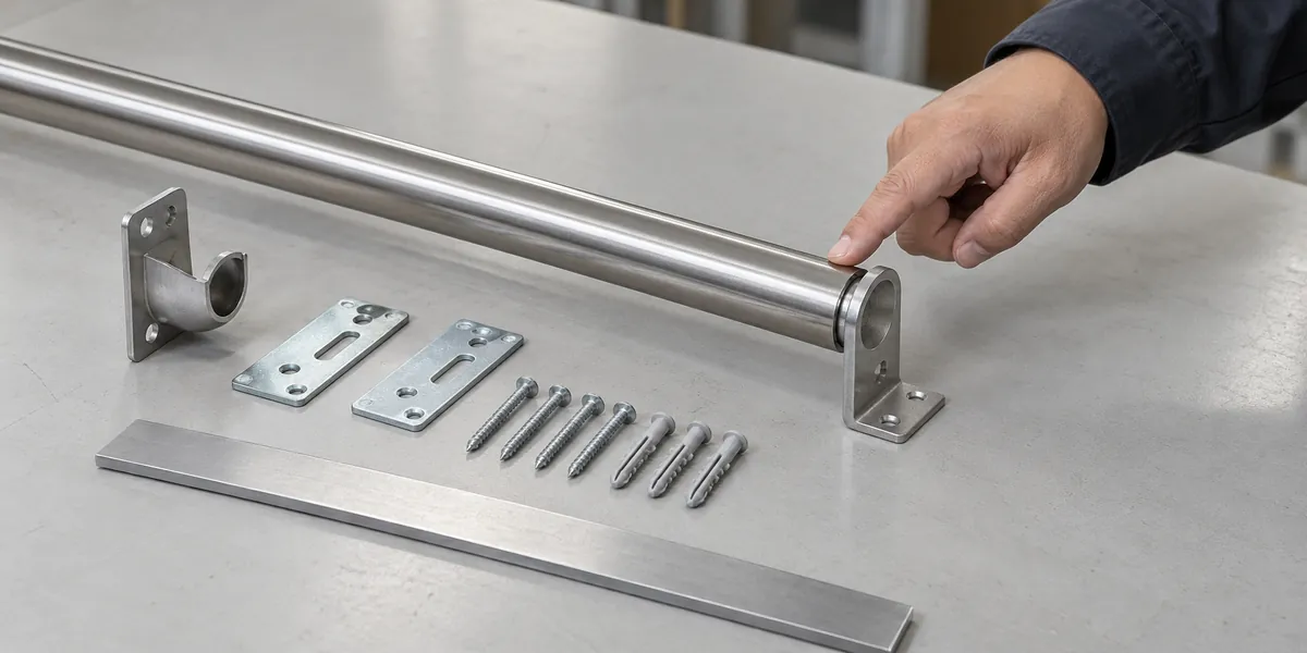 Wardrobe rail, support brackets and fixing components shown as separate buyer inspection points