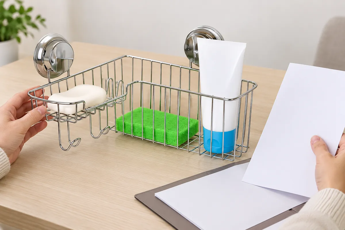 Illustrative importer reviewing a bathroom basket sample and blank SKU paperwork