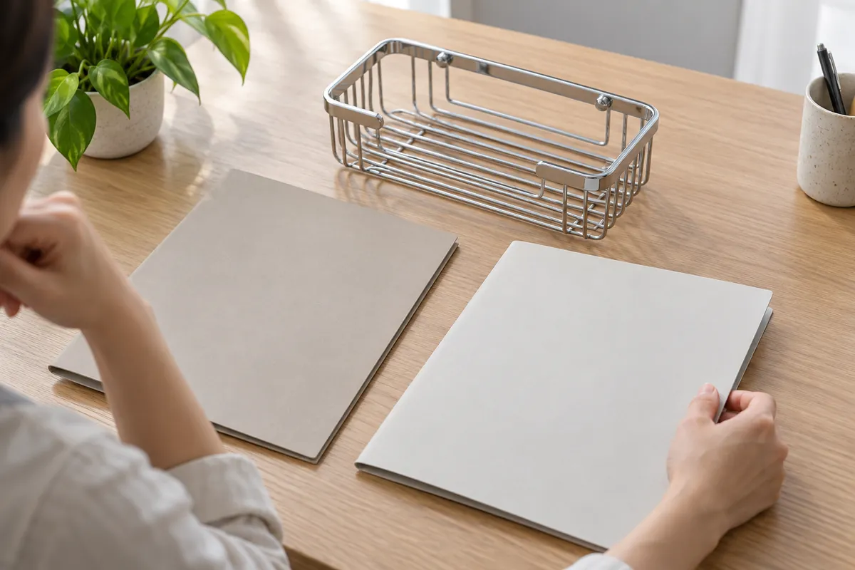 A buyer compares two blank quote folders beside one matching wire basket sample