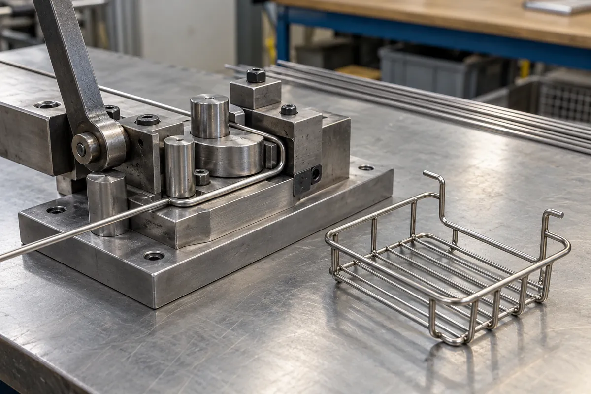 A forming fixture and matching wire basket component illustrate how project tooling supports repeatable metal geometry