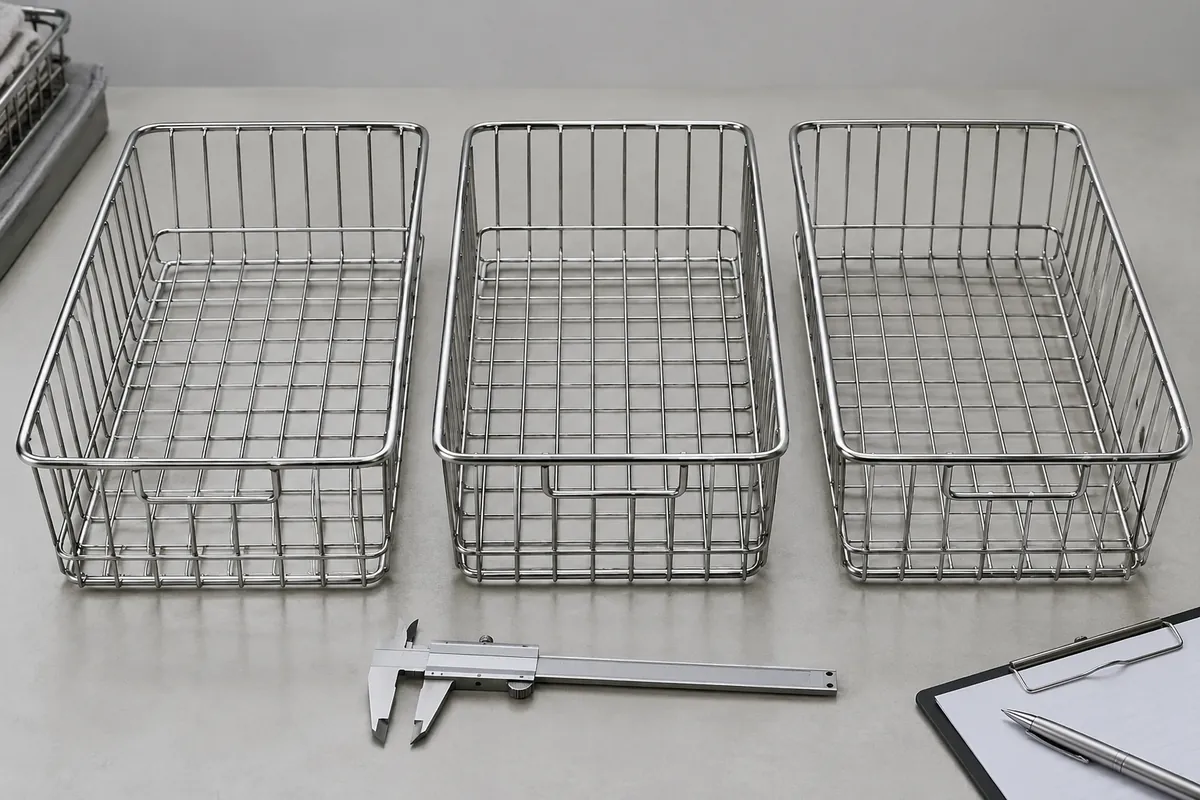 Compare sample geometry under one inspection method Three similar chrome wire hardware samples compared side by side with an unmarked caliper for geometry and finish review