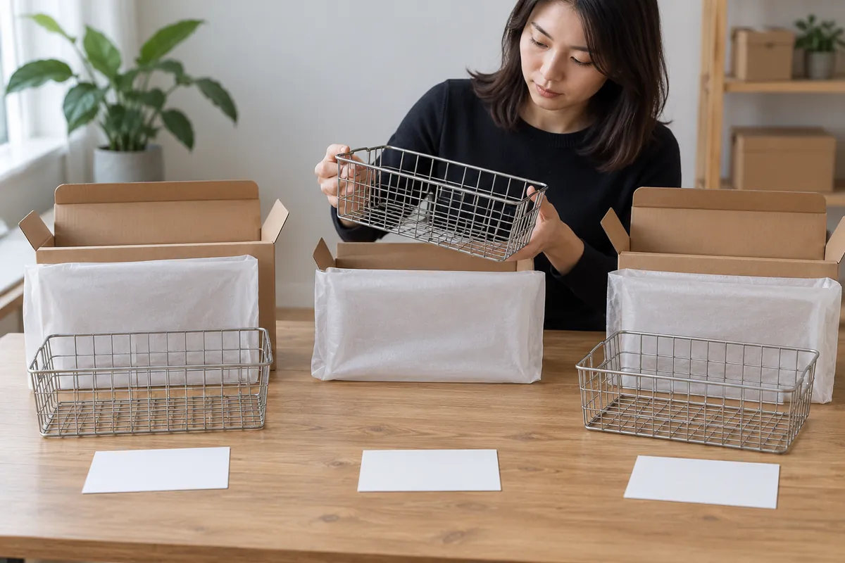 Review product samples and packaging separately Three metal hardware samples with plain protective packaging and blank comparison cards for separate pack-out review