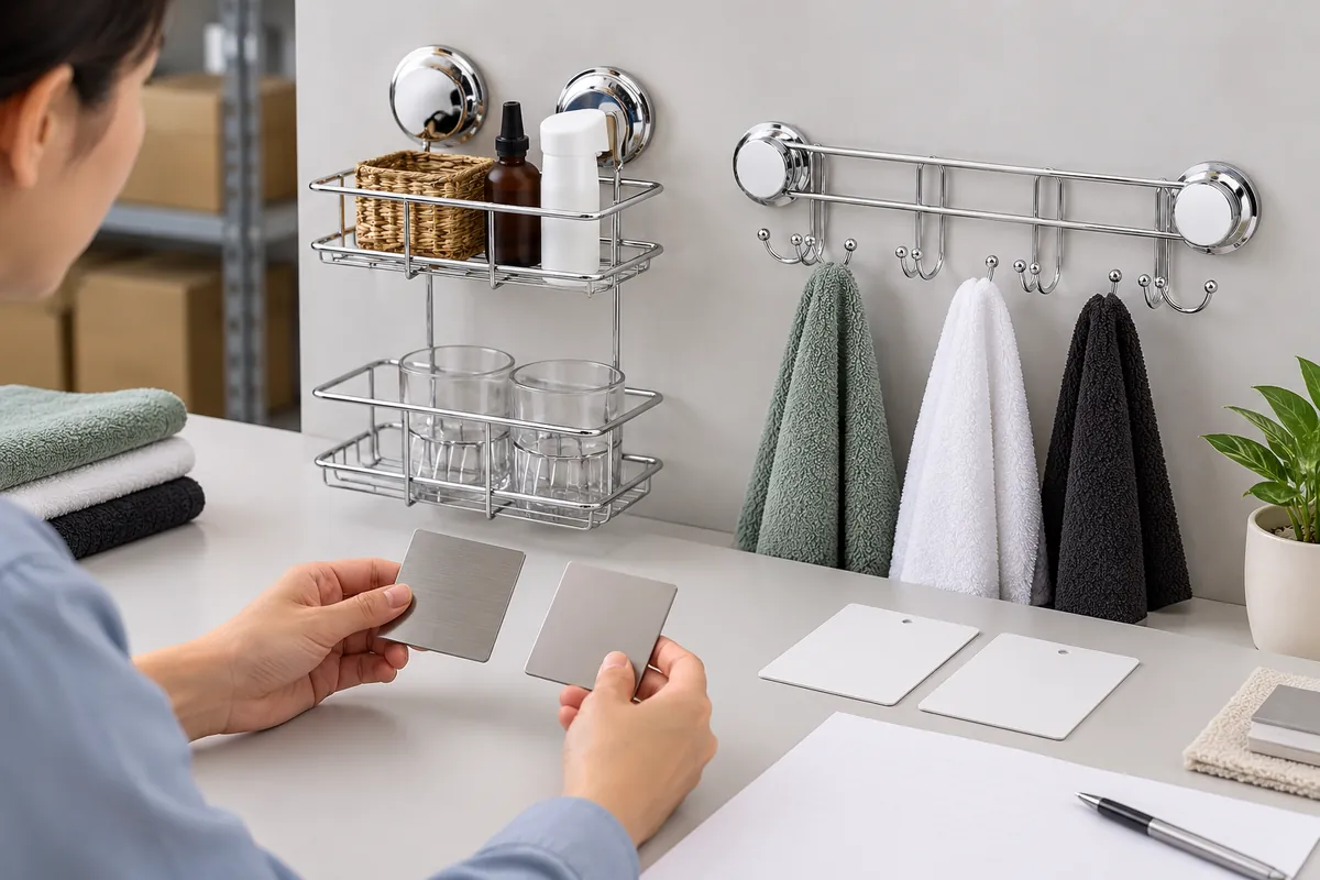 Buyer compares neutral finish samples beside a chrome suction basket and towel-hook rail, each with two spaced chrome covers and two supporting wires