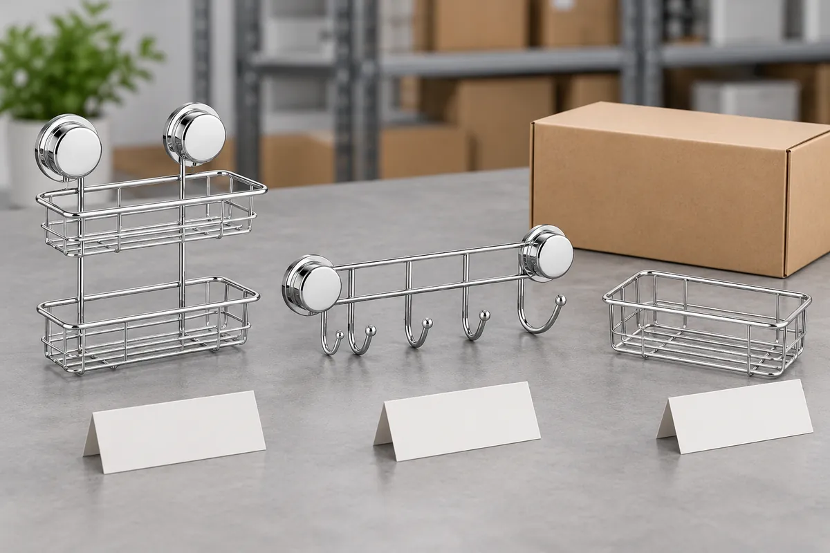 Three bathroom storage SKUs including a two-cover chrome suction basket, two-cover towel hook rail and an unmounted wire basket arranged beside blank cards and a plain carton