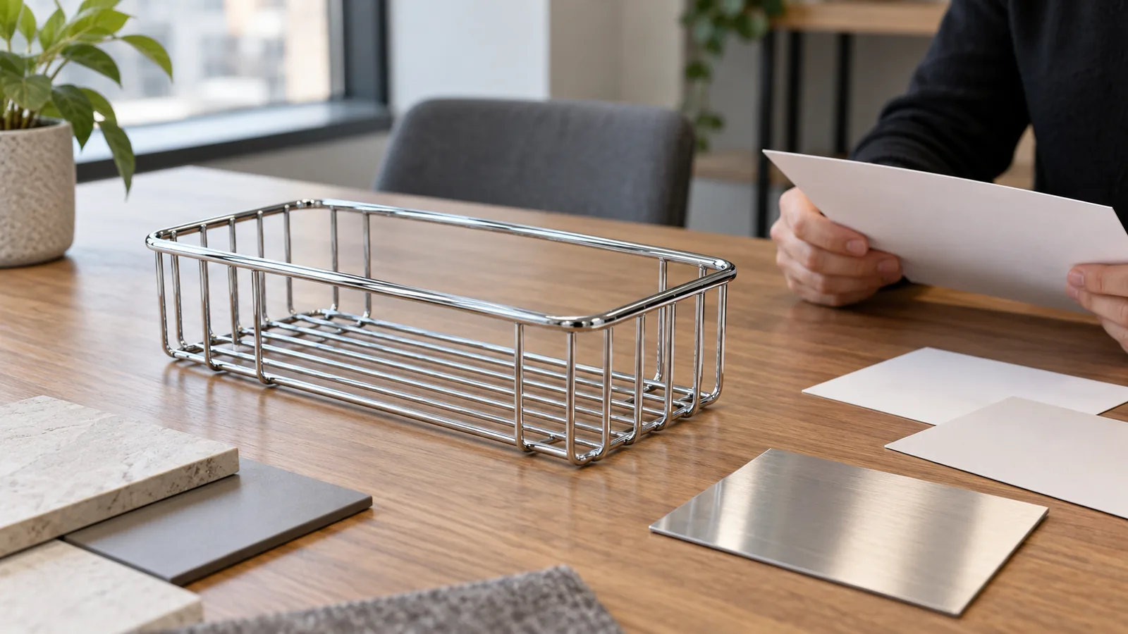 A chrome wire bathroom storage basket beside blank feedback cards and finish samples during a buyer review
