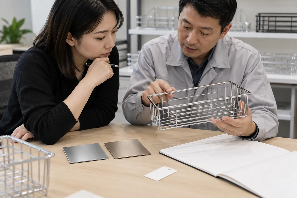 Buyer and manufacturing representative review a wire basket sample against blank change records