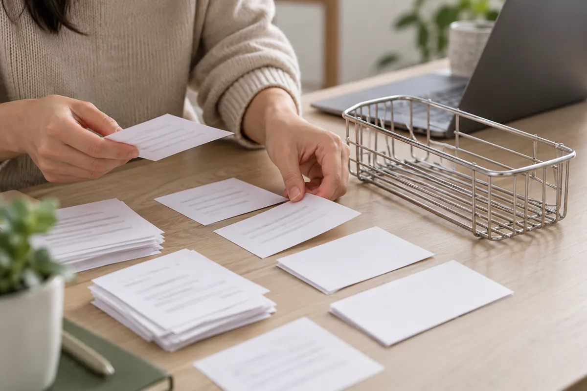 Buyer sorts anonymized review evidence beside a chrome wire bathroom basket sample