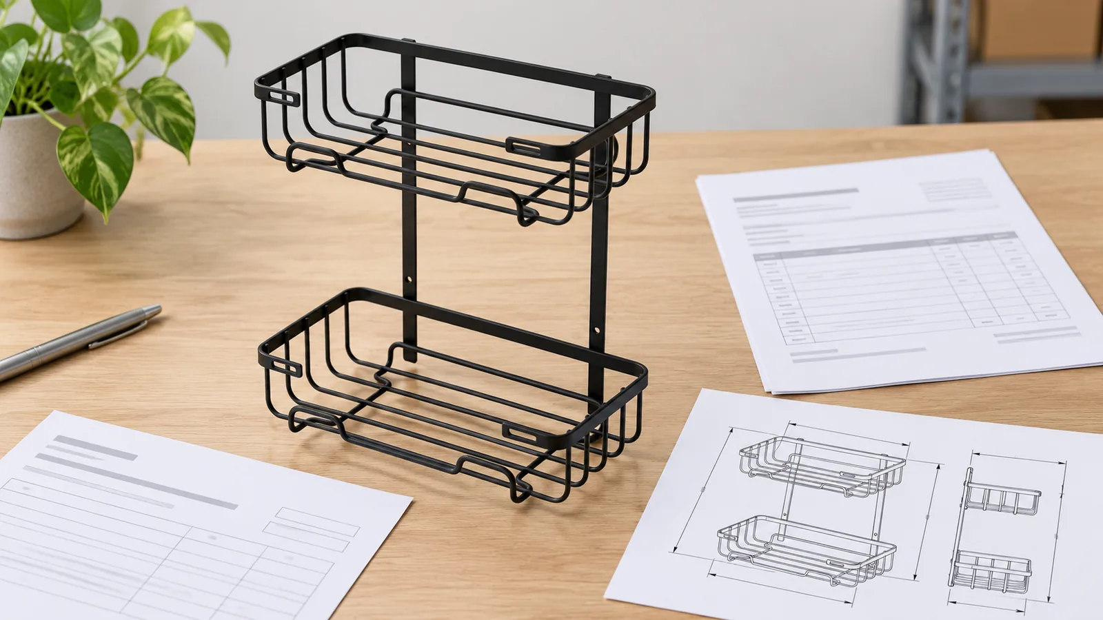 Black two-tier metal bathroom basket beside a supplier quote and drawing during importer review