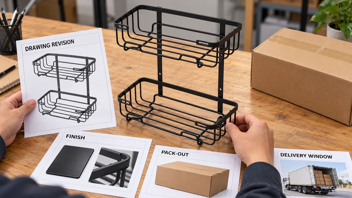 Metal hardware sample, drawing revision, finish and pack-out reviewed before PO release