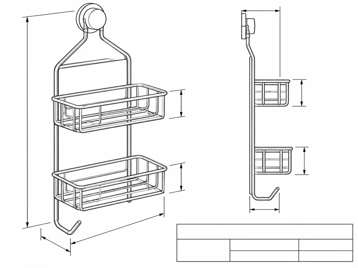 A generic wire shower basket beside a blank drawing with distinct unit and datum callouts