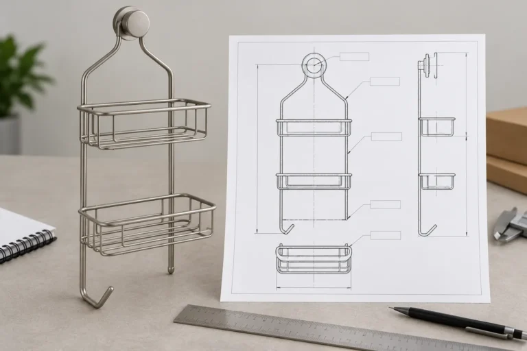 A wire bathroom storage basket sample beside an unlabelled engineering drawing with separate unit references.