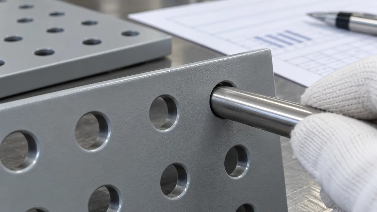 Close-up of a finished pegboard opening being checked as part of a sample-approval review