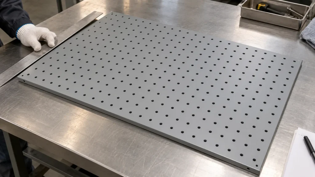 Conceptual metal pegboard panel on an inspection table for importer sample review.