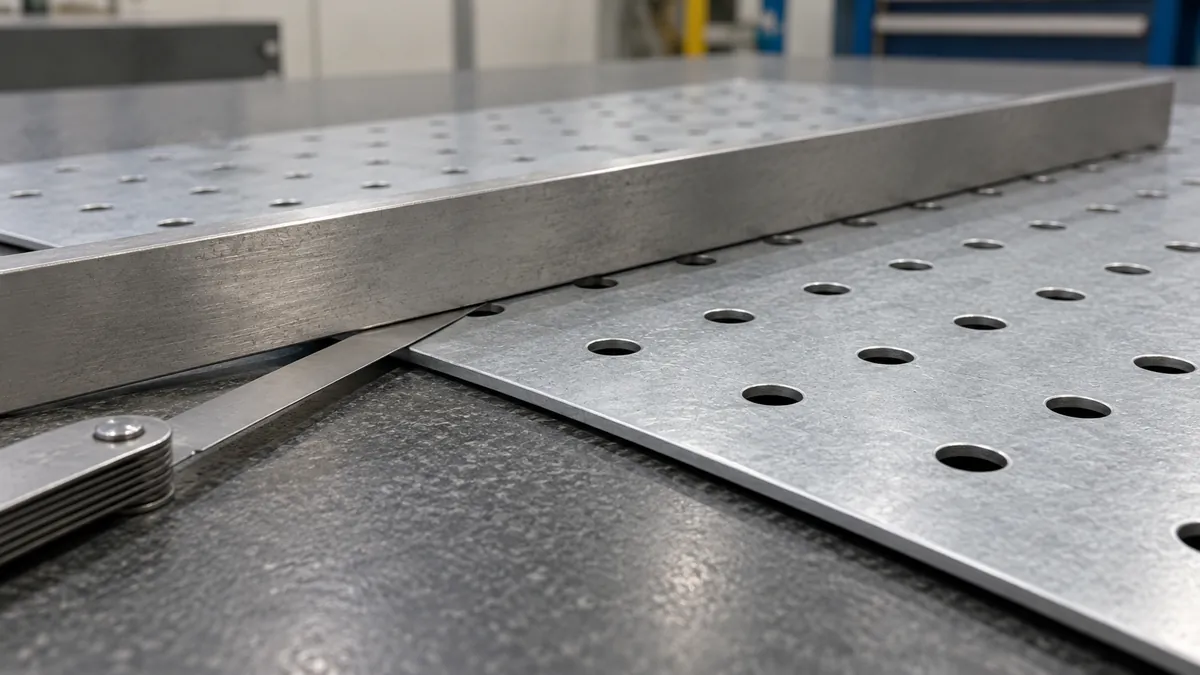 Straightedge and feeler gauge used to review a punched panel on a defined flat support