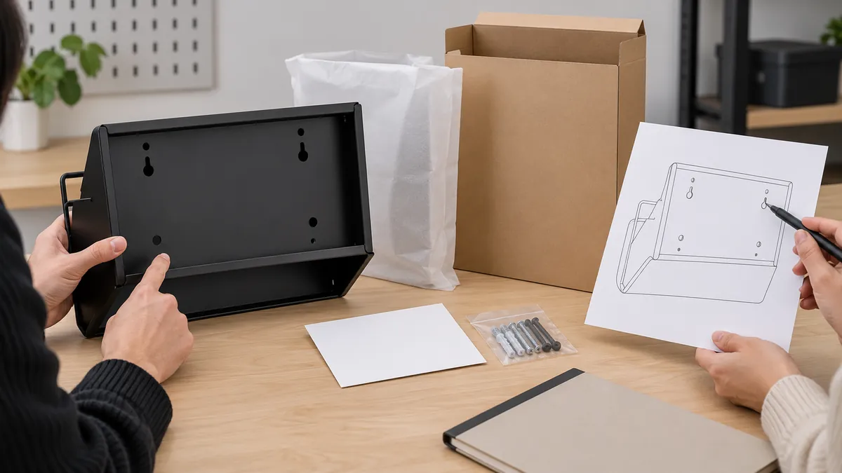 Buyer reviews the mounting pattern and protective pack-out on a conceptual wall mail organizer sample