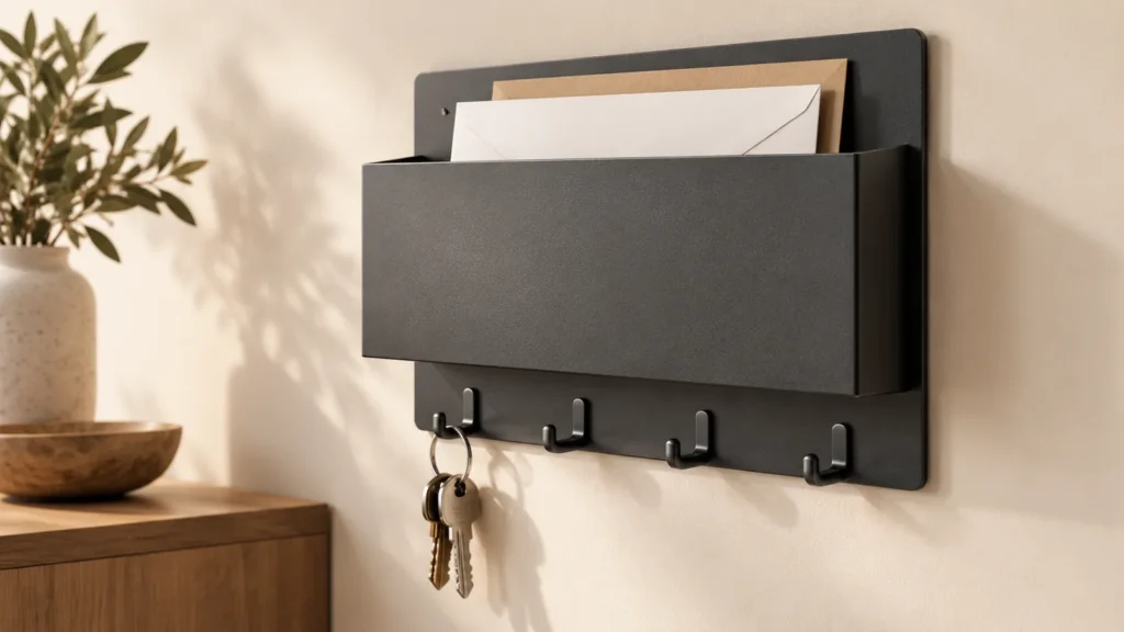 Conceptual wall-mounted metal mail pocket with key hooks for an importer sample review.