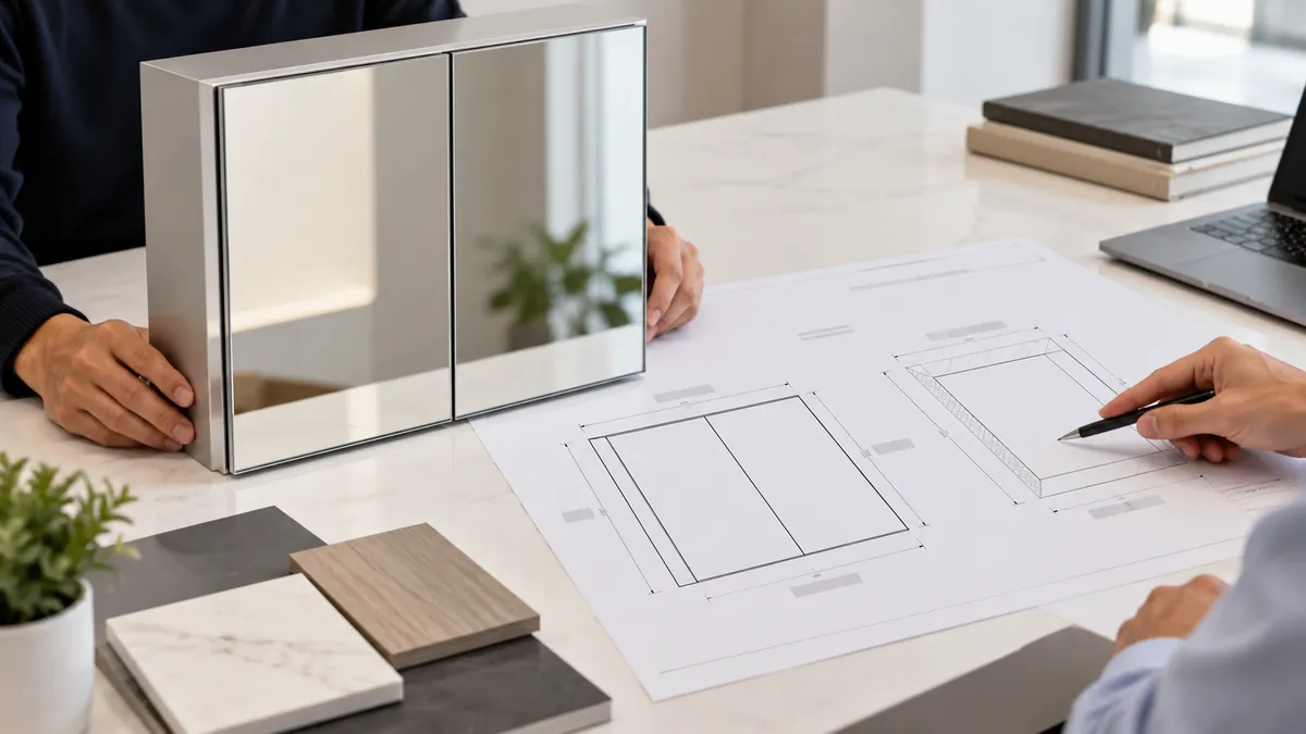 Buyer compares a conceptual mirror cabinet sample with separate overall-size and wall-opening drawing references