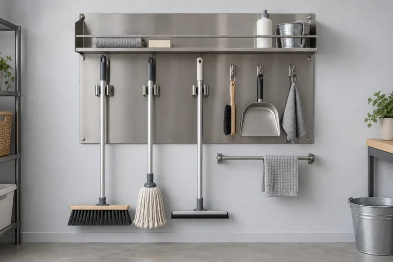 Unbranded conceptual wall-mounted metal cleaning station with tool holders, hooks and a shelf.